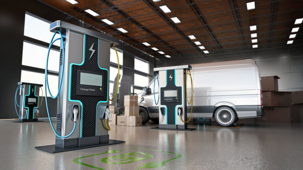 Electric commercial vehicles at charging stations 