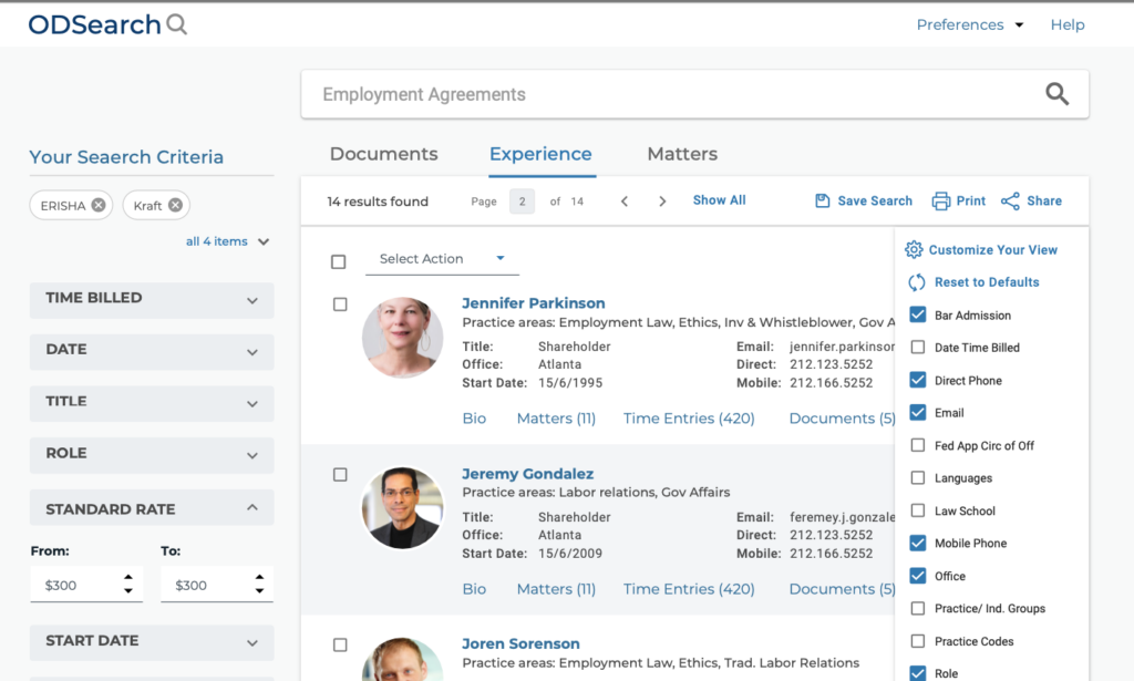 Experience Dynamics Visual design sample for Ogletree people search results